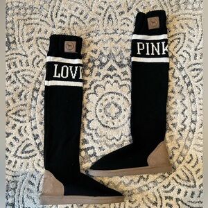PINK Victoria's Secret Black and Brown Knee-High Slipper Boots